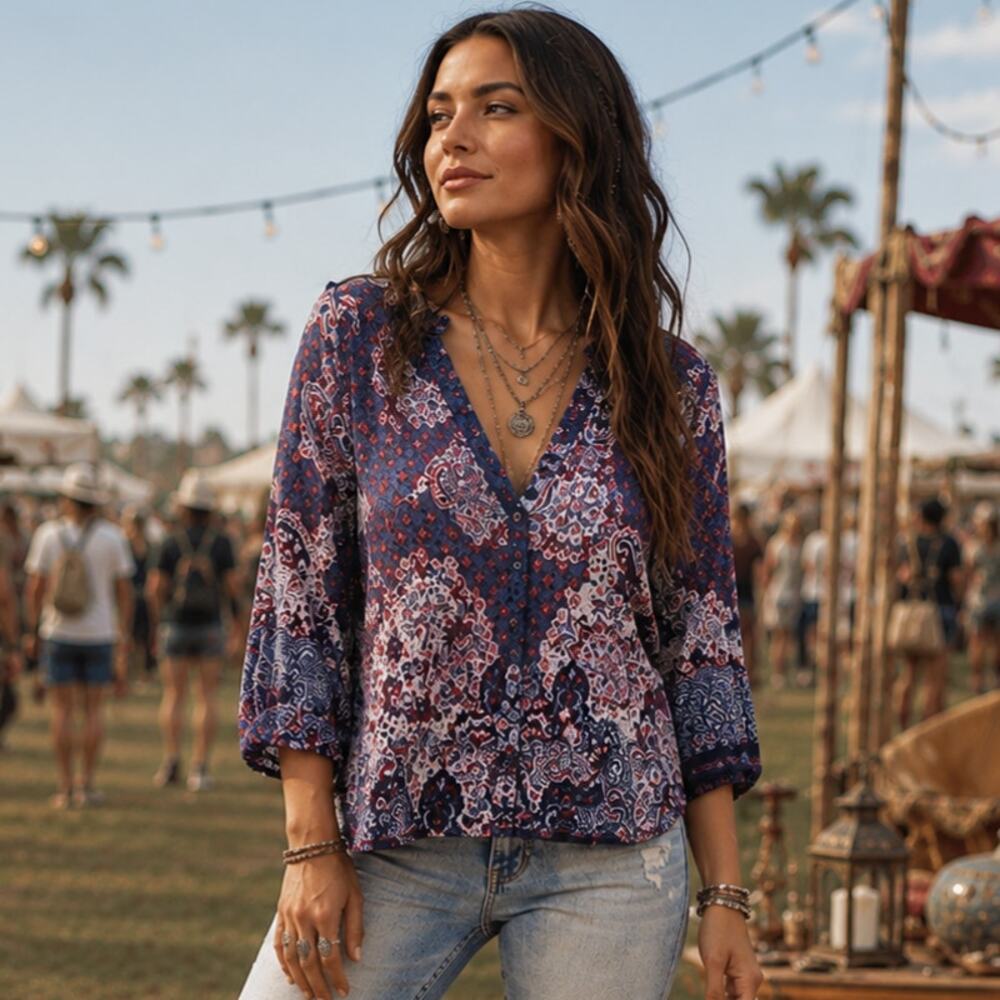 Siren Lily Bohemian Roll-Tab Tunic Ornate Paisley & Geometric Mesh Blouse Size M